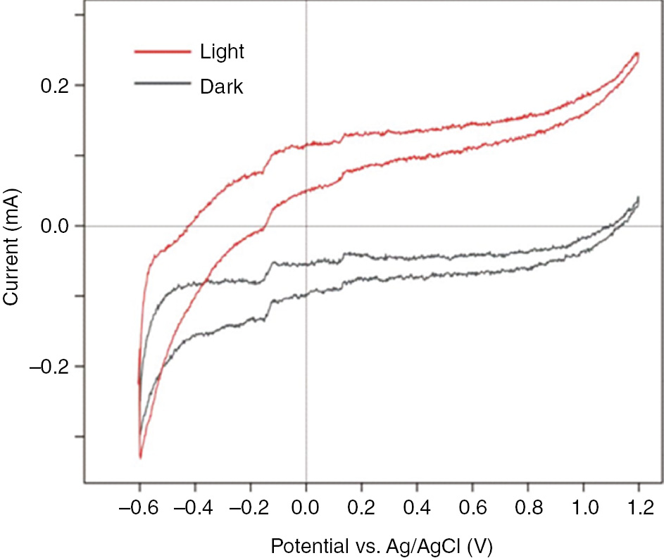 Fig. 7: 
            Photoelectrochemical characteristics of the 1D TiO/800. The typical voltammetry measurements in dark and under irradiation are presented.
          