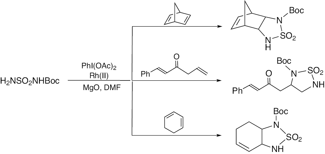 Scheme 3: Rh-catalyzed oxidative monosulfamidation of norbornadiene, 1-phenylhexa-1,5-diene-3-one and cyclohexa-1,3-diene with N-Boc protected sulfamide.