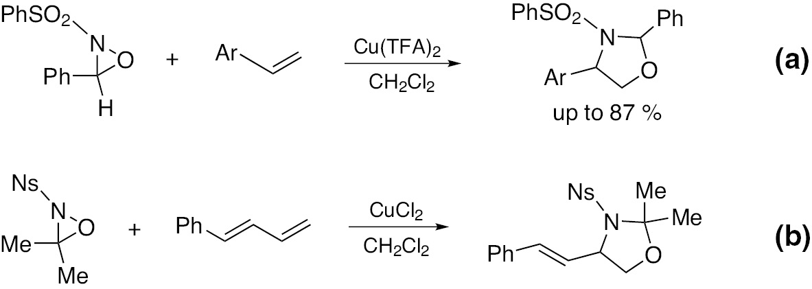 Scheme 11: Cu(II) catalyzed aminohydroxylation of olefins (a) and dienes (b) with N-arenesulfonyloxaziridines (Ns=4-NO2C6H4SO2).