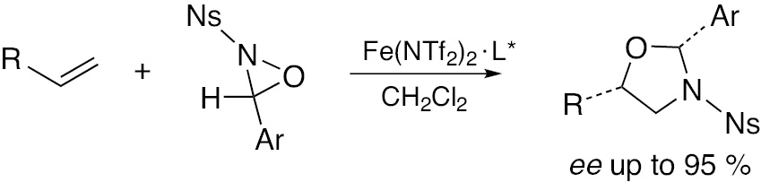 Scheme 12: Fe(NTf2)2·L* catalyzed aminohydroxylation of olefins with N-arenesulfonyloxaziridines (cf. to Scheme 11).