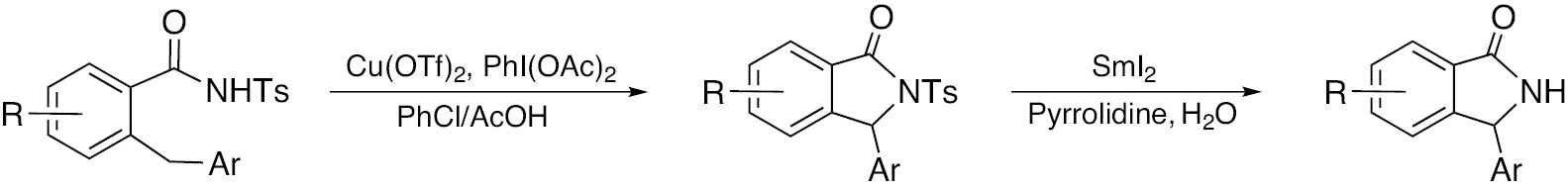 Scheme 13: Isoindolinones via intramolecular cyclization of 2-benzyl-N-tosylbenzamides with subsequent N-deprotection.