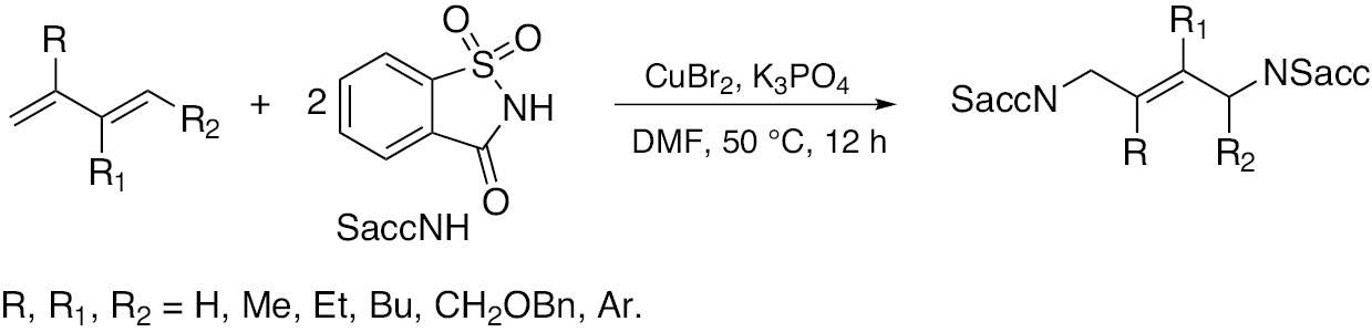 Scheme 14: CuBr2 catalyzed oxidative 1,4-diamination of buta-1,3-dienes with saccharin.
