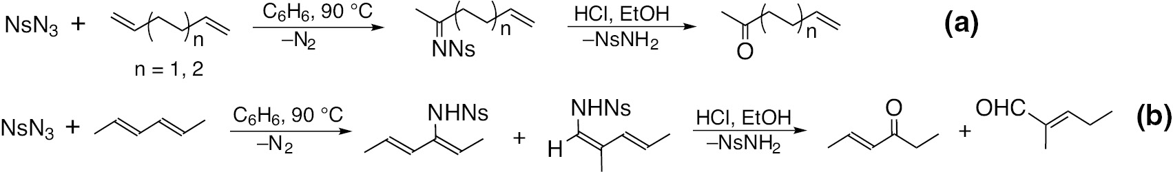 Scheme 17: Sulfonamides from C–H insertion of nosyl nitrene with nonconjugated (a) and conjugated linear dienes with subsequent rearrangement (b) (Ns=4-NO2C6H4SO2).