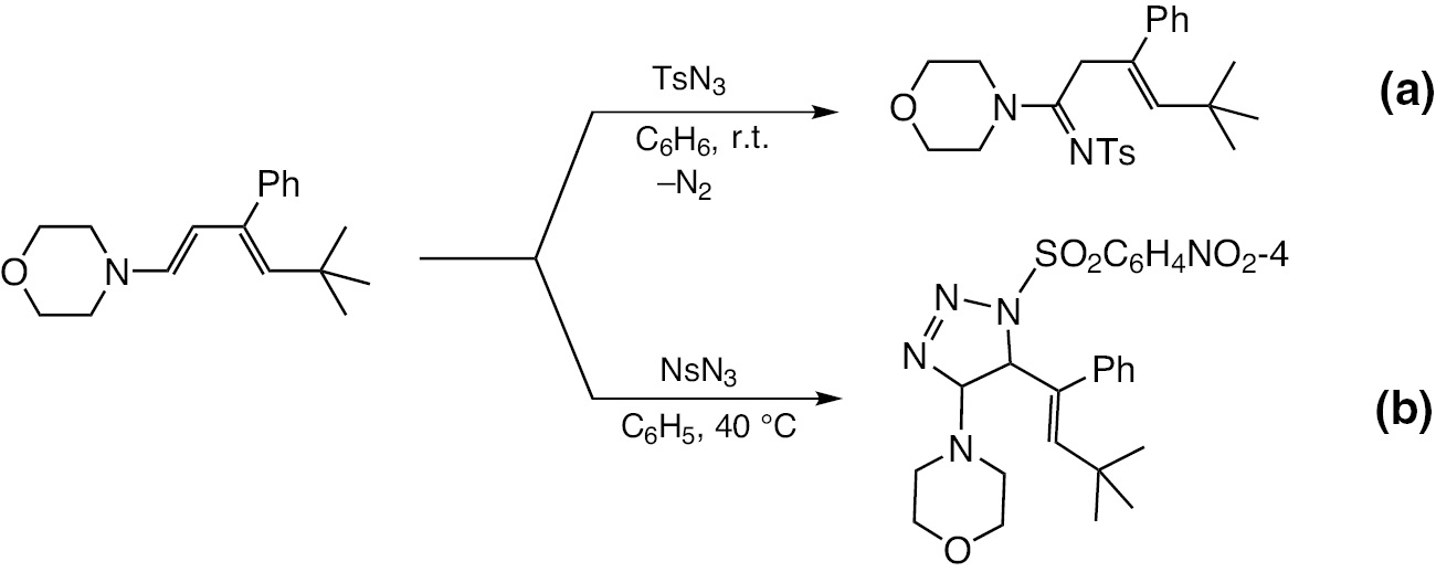 Scheme 18: C–H insertion with enamide-imide isomerization (a) vs. [3+2] cycloaddition (b) depending on the structure of the reagent (Ns=4-NO2C6H4SO2).