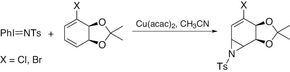 Scheme 27: Monoaziridination of 4-halogeno-2,2-dimethyl-3a,7a-dihydro-1,3-benzodioxoles.