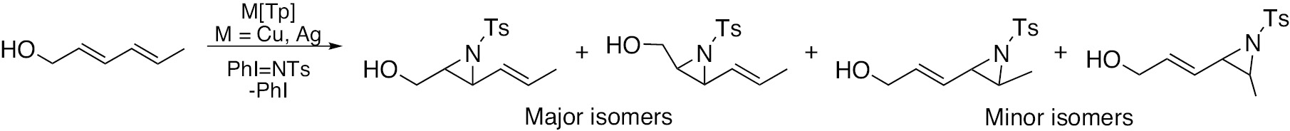 Scheme 29: Regio- and stereoselective aziridination of trans,trans-2,4-hexadien-1-ol with PhI=NTs on Cu or Ag trispyrazolyl borate complexes [Tp].