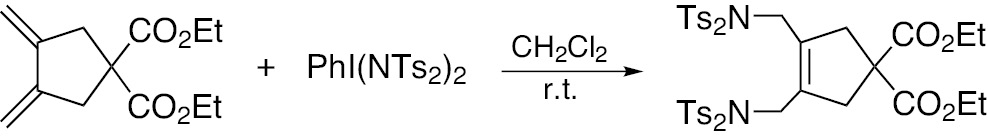 Scheme 37: 1,4-Oxidative sulfimidation of diethyl-3,4-dimethylenecyclopentane dicarboxylate by PhI(NTs2)2.