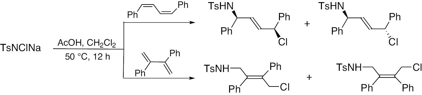 Scheme 38: 1,4-Chloroamidation of isomeric diphenylbuta-1,3-diene with chloramine-T.