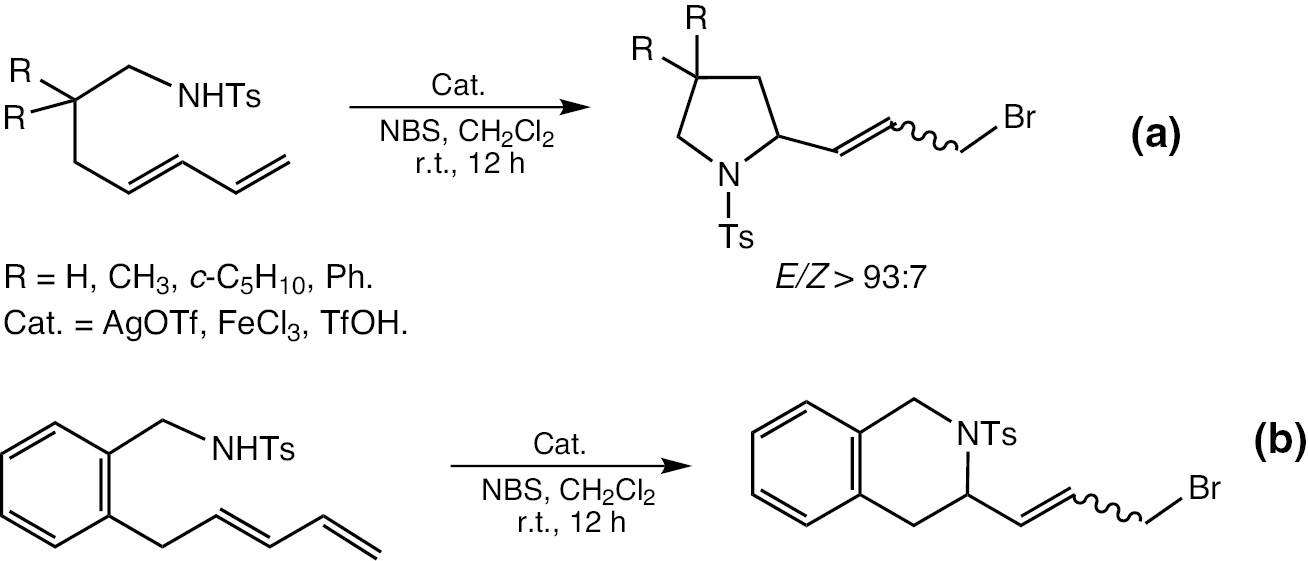 Scheme 53: 1,4- (a) and 1,5-Oxidative cyclization (b) of γ- and δ-tosylaminodienes (NBS=N-bromosuccinimide).