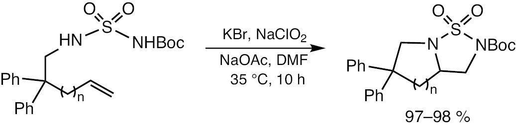 Scheme 54: Oxidative double cyclization of N-protected alkenylsulfamides.
