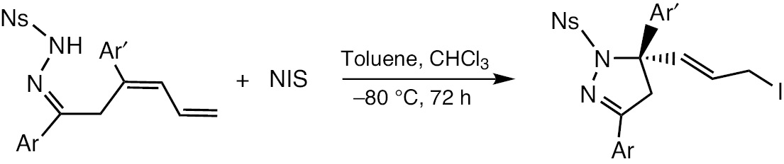 Scheme 55: Intramolecular oxidative iodosulfamidation of β,γ,δ,ε-unsaturated N-nosylhydrazones.