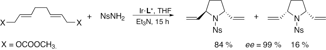 Scheme 57: Stereoselective hydroamidation/cyclization of dimethyl octadiene-2,6-dicarbonate-1,8 on iridium complexes with chiral phosphorus amidite ligands.