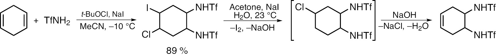 Scheme 65: Oxidative triflamidation of 1,4-cyclohexadiene and further transformations of the product (Tf=CF3SO2).
