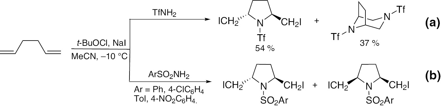 Scheme 66: Comparative study of oxidative triflamidation (a) and arenesulfonamidation (b) of cyclohexa-1,5-diene with triflamide and arenesulfonamides.