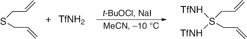 Scheme 67: Unusual formation of N,N′-(diprop-2-en-1-yl-λ4-sulfanediyl)bis(triflamide) via oxidative triflamidation of divinyl sulfide.