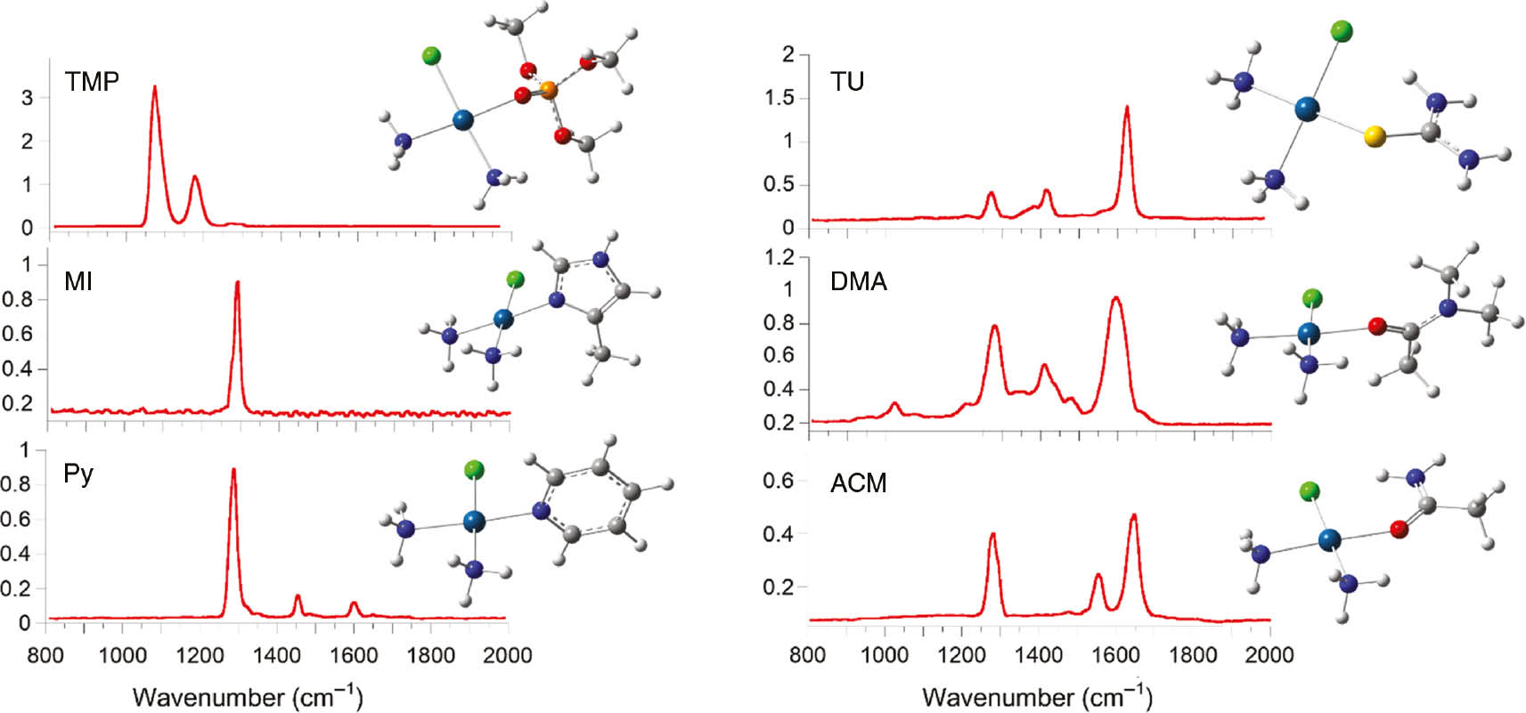 Fig. 4: IRMPD spectra of cis-[PtCl(NH3)2(L)]+ complexes. Also shown are the structures assigned on the basis of the matching between IRMPD spectra and IR spectra of the optimized geometries at B3LYP/6-311+G(d,p) (Pt=Lanl2TZ) level of theory.