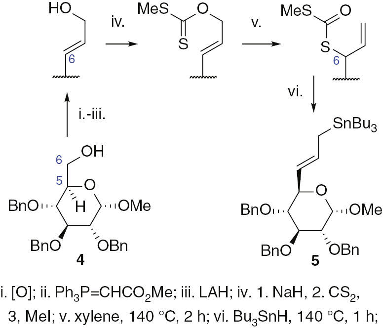 Scheme 1: Synthesis of allyltin compound 5.