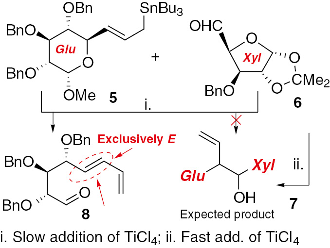 Scheme 2: Reaction of allyltin compound 5 with carbohydrate aldehyde 6.