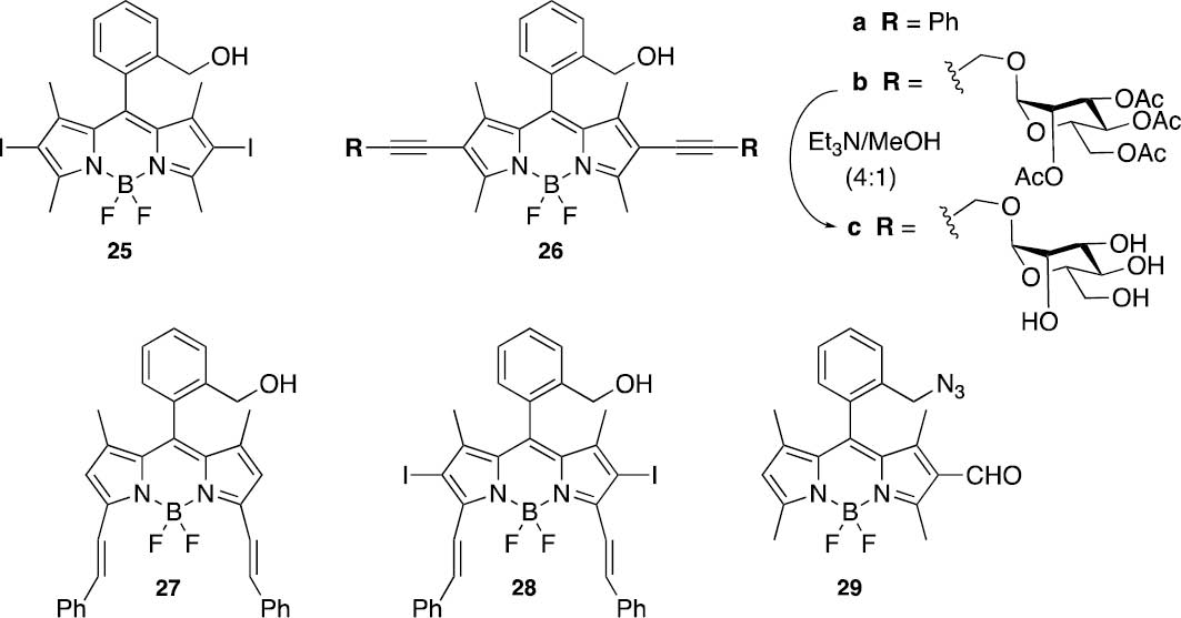 Fig. 4: Synthetic postmodifications on hydroxymethyl ortho-substituted BODIPY 19b, leading to 2,6-diiodo-BODIPY 25, and π-extended BODIPY derivatives (26–29).