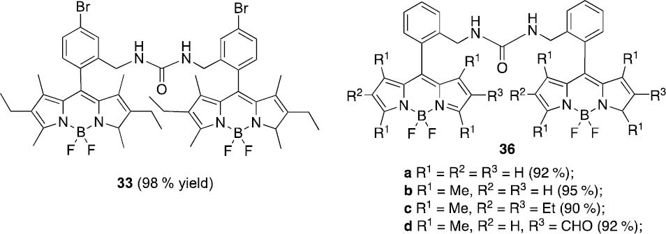 Fig. 6: Urea-bridged BODIPYs 33 and 36, obtained from the corresponding azidomethyl BODIPYs by reaction with PPh3 and TEAB, in 1,4-dioxane (room temperature).