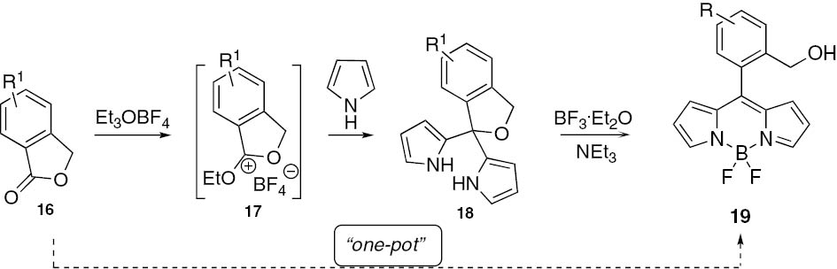 Scheme 3: Synthesis of ortho-substituted C-8 aryl BODIPYs (19) by O-ethylation of phthalide(s) (16) with Meerwein’s reagent followed by reaction of the ensuing salts (17) with pyrrole.