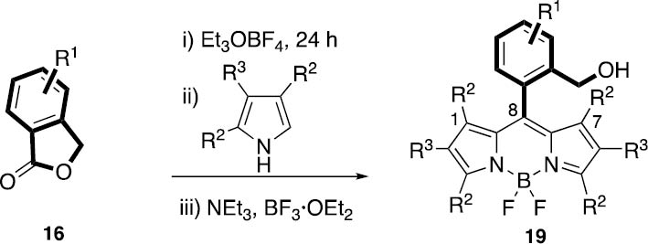 Scheme 4: Detailed synthetic protocol to ortho-hydroxymethyl C-8 aryl BODIPYs from phthalides and pyrroles.