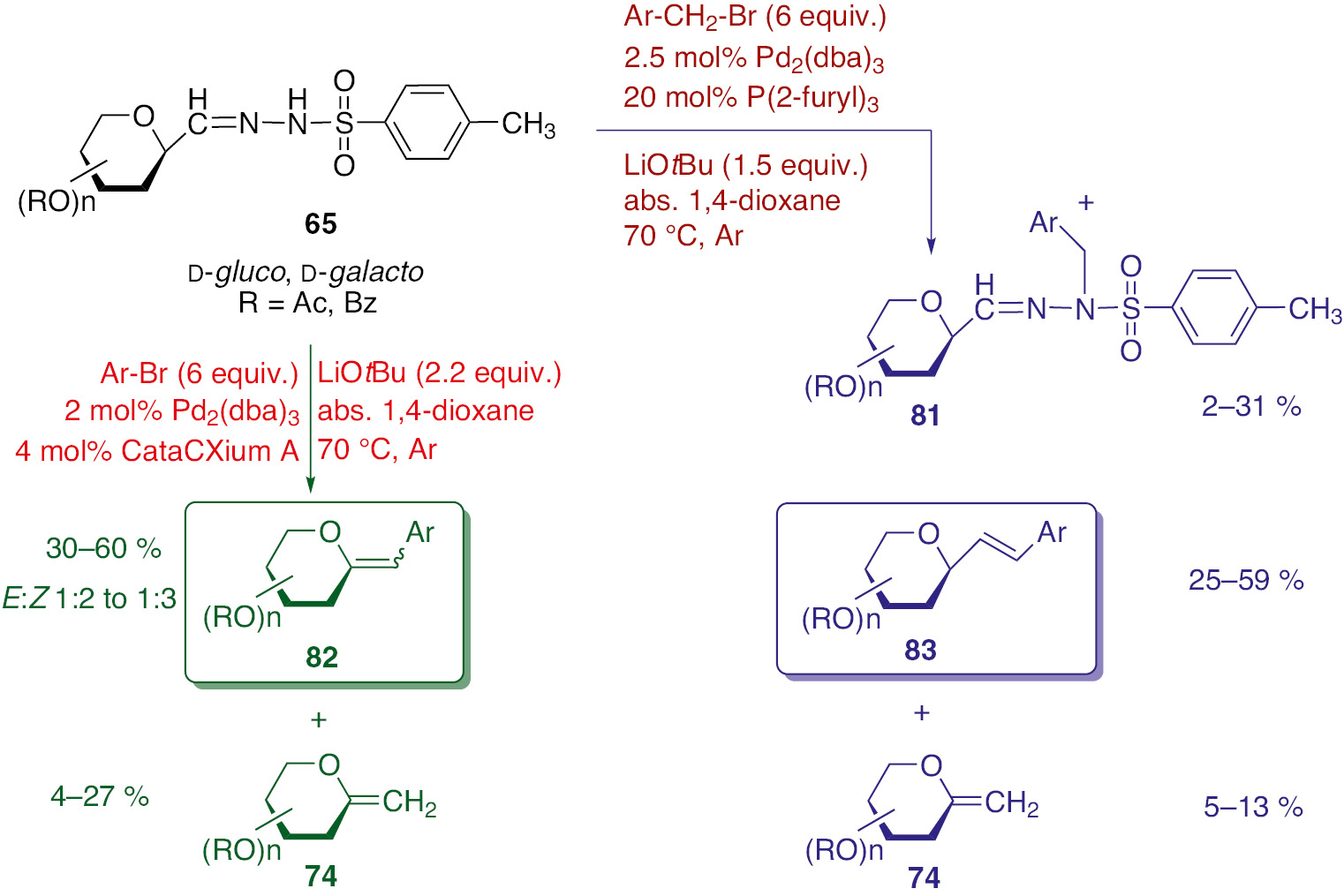 Scheme 9: Syntheses of substituted exo-glycals and ω-(C-glycopyranosyl)-styrenes by Pd-catalyzed cross couplings of anhydro-aldose tosylhydrazones.