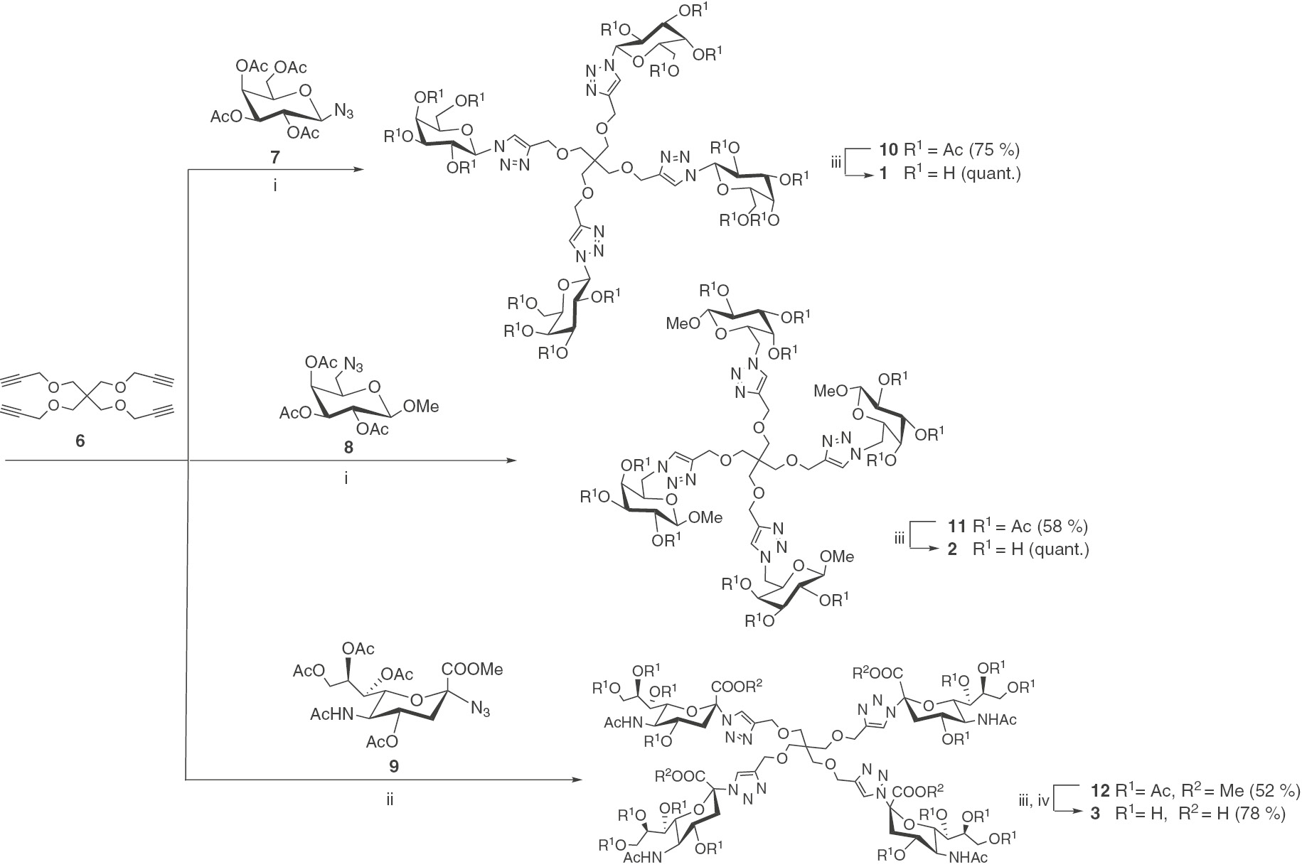 Scheme 1: 1,2,3-Triazole-based glycoclusters obtained from 1,3-dipolar cycloaddition reactions. Reagents and conditions: i. Alkyne 6 (0.025 mmol), azidosugars 7 or 8 (4.4 molar eq.), CuSO4 (0.05 molar eq.), sodium ascorbate (0.1 molar eq.), DMF (0.1 mL), microwave heating at 80°C, 15 min. (2×); ii. Alkyne 6 (0.025 mmol) azidosugar 9 (4.4 molar eq.), CuSO4 (10%), Sodium ascorbate (0.05 mmol), DMF (0.2 mL), 60°C, 12 h. iii. NaOMe (1 M in methanol), MeOH (1 mL), 1.5 h, rt, then DOWEX® 50WX4-50; iv. KOH 0.2 M, 16 h.