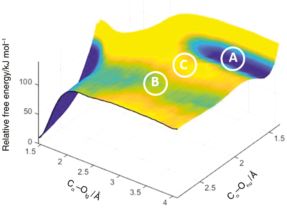 Fig. 3: AM1/OPLS free-energy surface (2D-PMF) for hydrolysis of aqueous 1 as a function of RC1=d(Cα–Olg) and RC2=d(Cα–Onu).