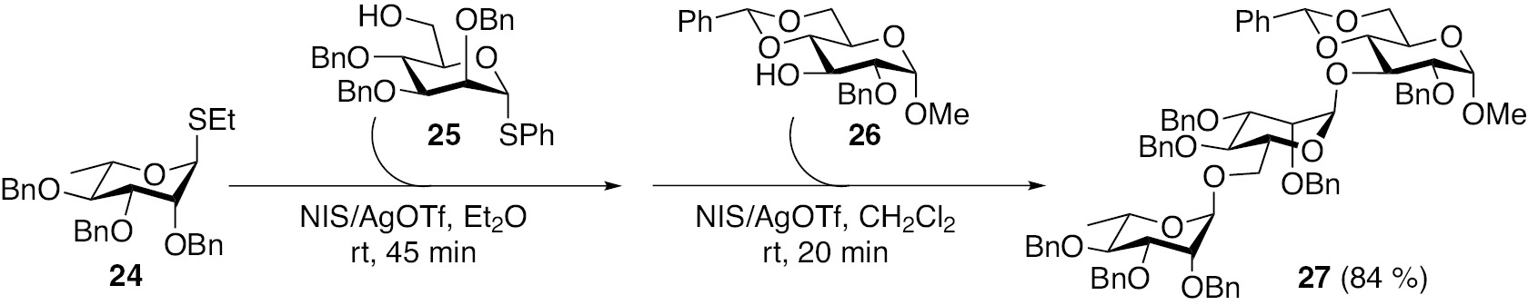 Scheme 6: One-pot synthesis of trisaccharide 27, with differing solvents for the glycosylations [23].