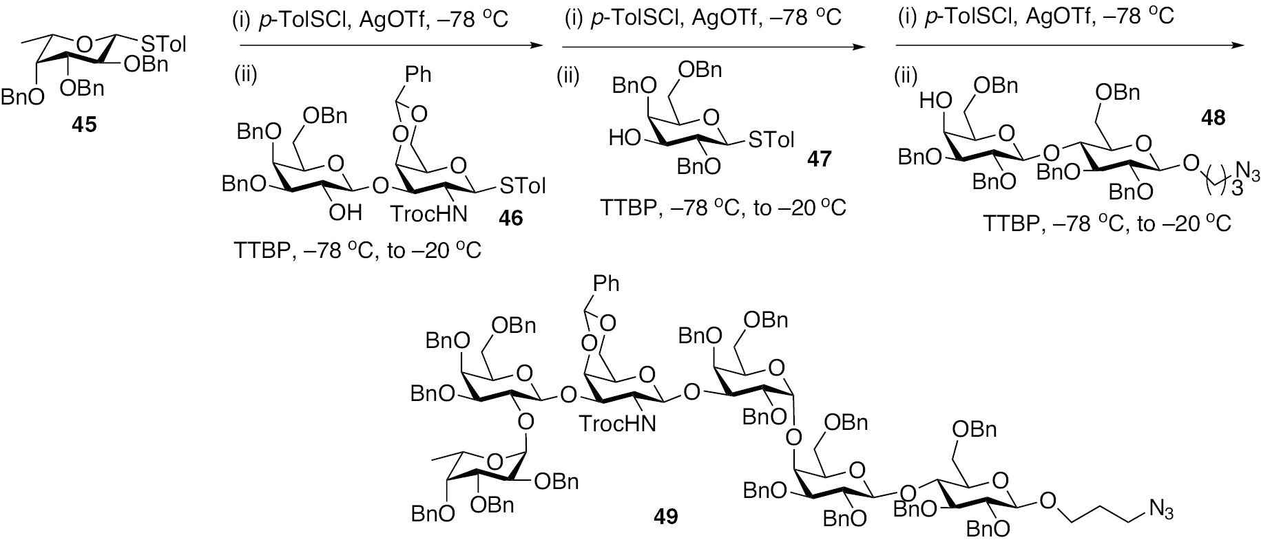 Scheme 11: Iterative glycosylation using a pre-activation strategy to synthesize hexasaccharide 49 [32].