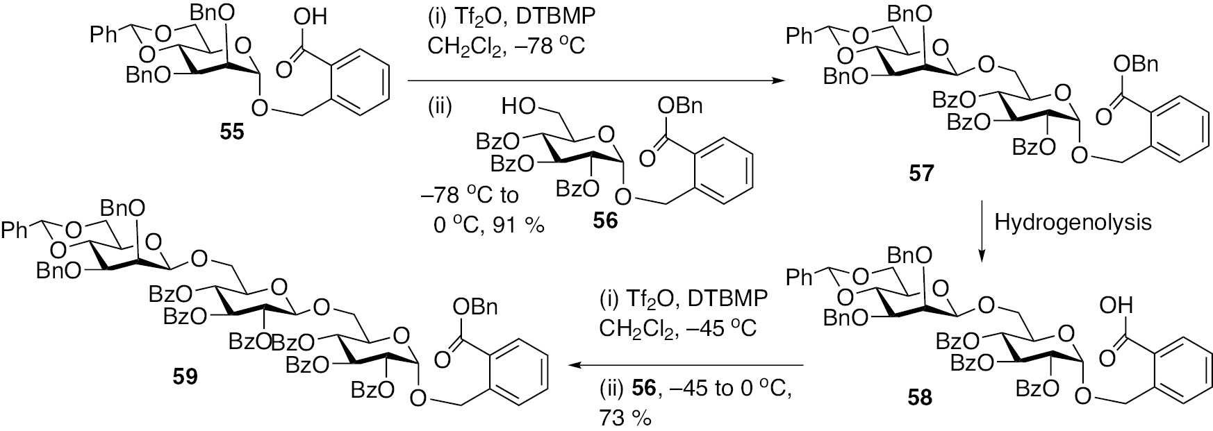 Scheme 13: Synthesis of trisaccharide 59 through BCB/HCB donors in a latent-active glycosylation [35].