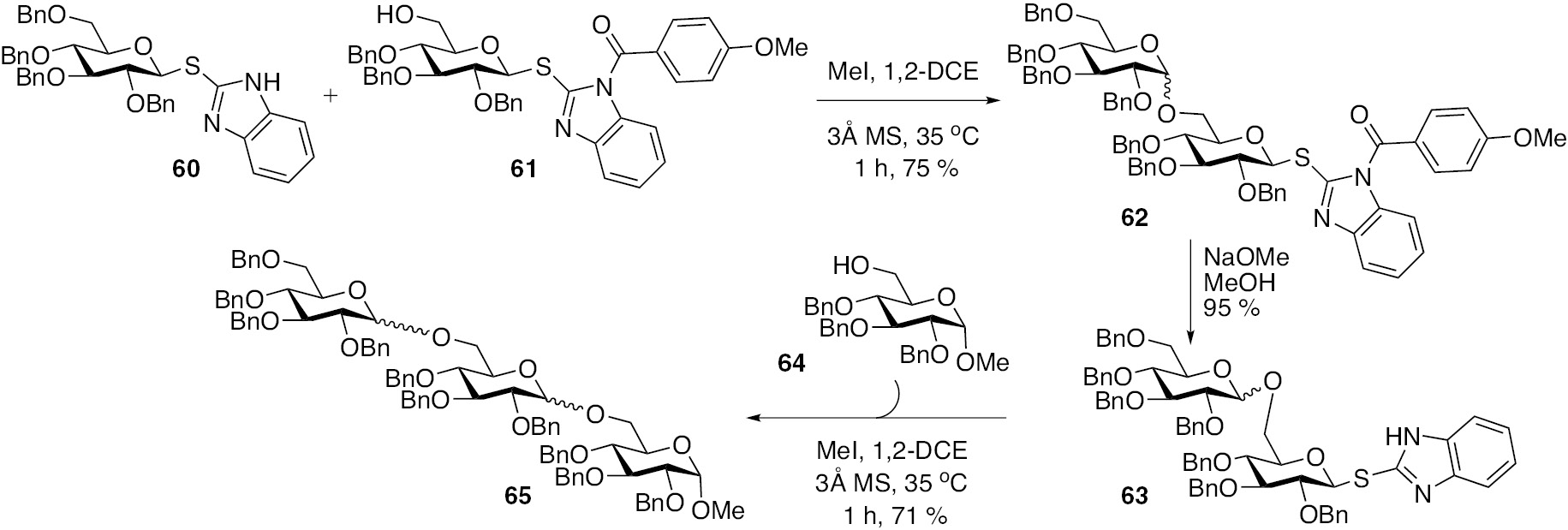 Scheme 14: Synthesis of a trisaccharide 65 initiated from S-benzimidazolyl (SBiz) glycosides 60 and 61, through a latent-active glycosylation method [36].