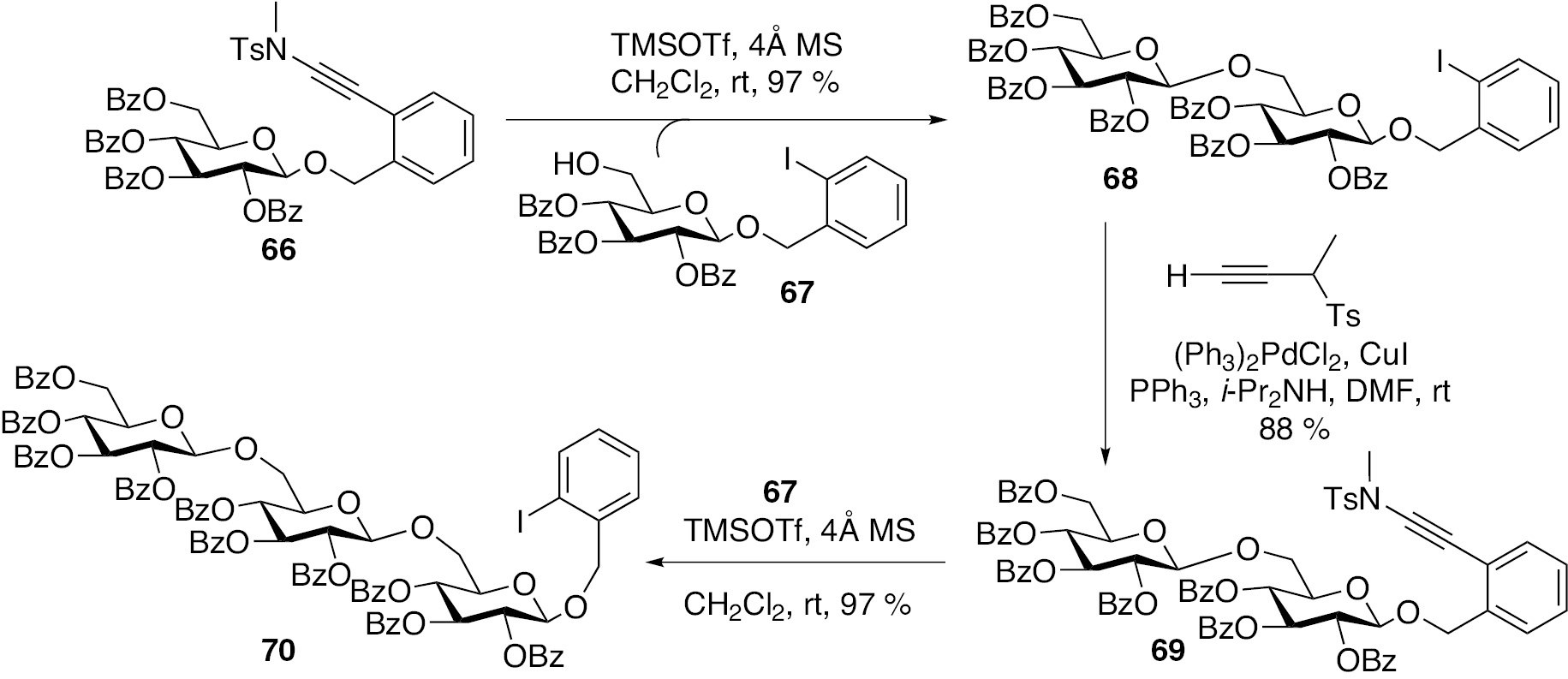 Scheme 15: Synthesis of trisaccharide 70 through activation ortho-(methyltosylaminoethynyl)benzyl glycoside 66, in a latent-active glycosylation methodology [37].