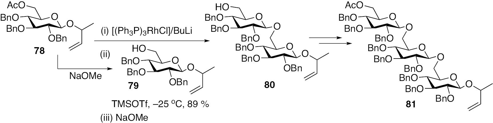 Scheme 17: Synthesis of trisaccharide 81 using allyl glycoside as a latent glycosyl acceptor moiety and the corresponding isomerized vinyl glycoside as an active glycosyl donor [40], [41].