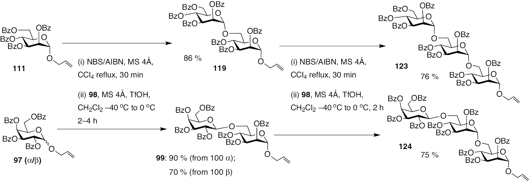 Scheme 26: Preparation of trisaccharides 123 and 124 by the latent-active glycosylation method.