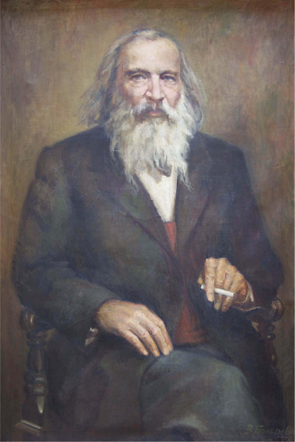 Fig. 1: 
        Painting of D. I. Mendeleev by Vaska Popova-Balarewa (1956).
      