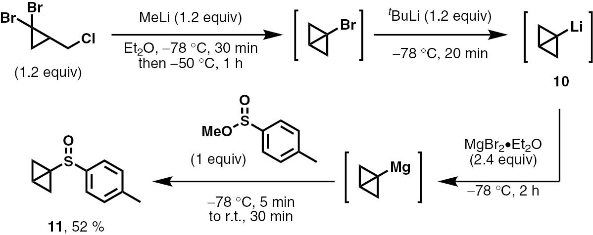 Scheme 5: Synthesis of bicyclo[1.1.0]butyl sulfoxide 11.