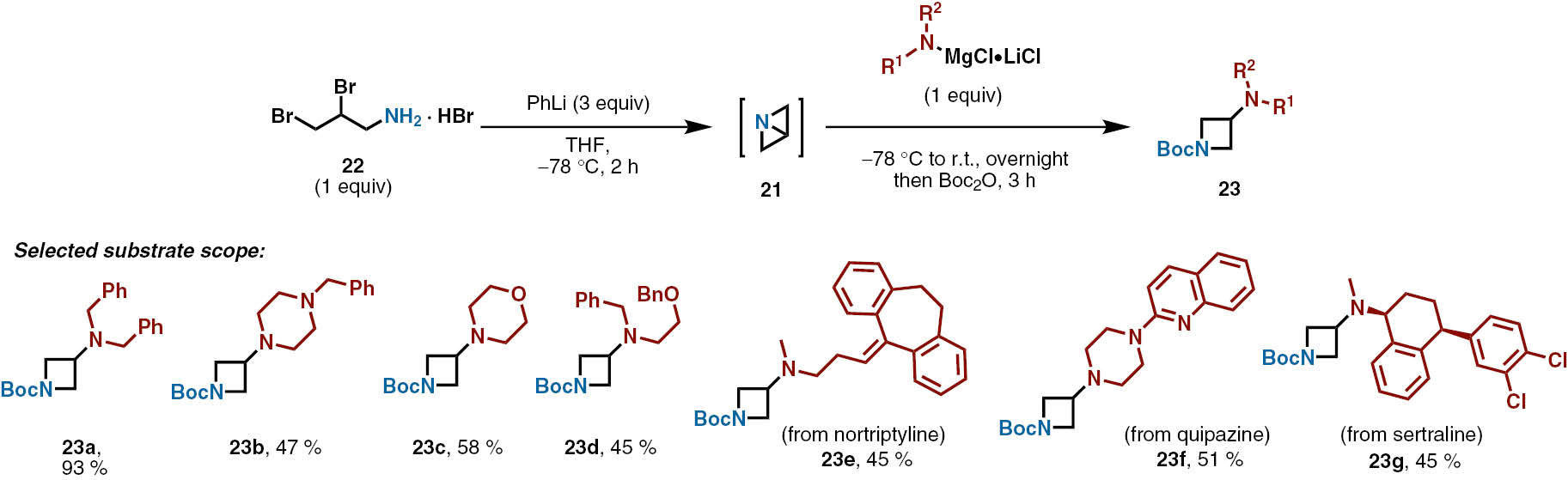 Scheme 10: Baran’s ‘azetidinylation’ of amines by the reaction of Turbo-Hauser amides with 1-azabicyclo[1.1.0]butane.