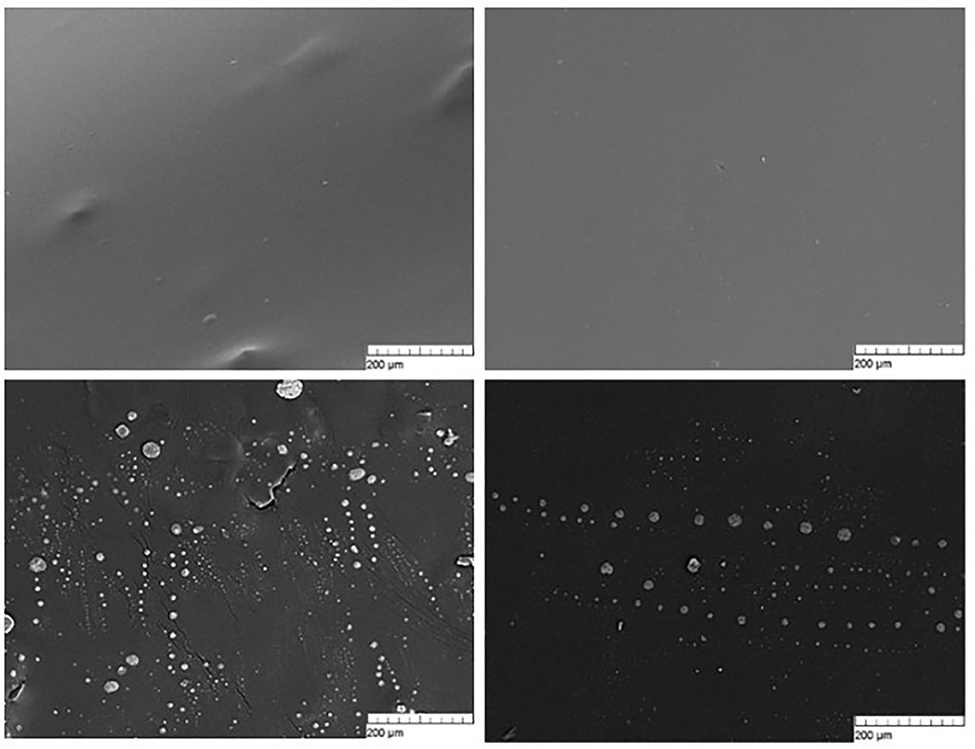 Fig. 4:
Micrographs of the surface of 45-kDa polylactide films without streptokinase (a) and with 1% (b), 2% (c) and 3% (d) streptokinase. The micrographs were obtained using a scanning electron microscope, at a magnification of 300 × 1.
