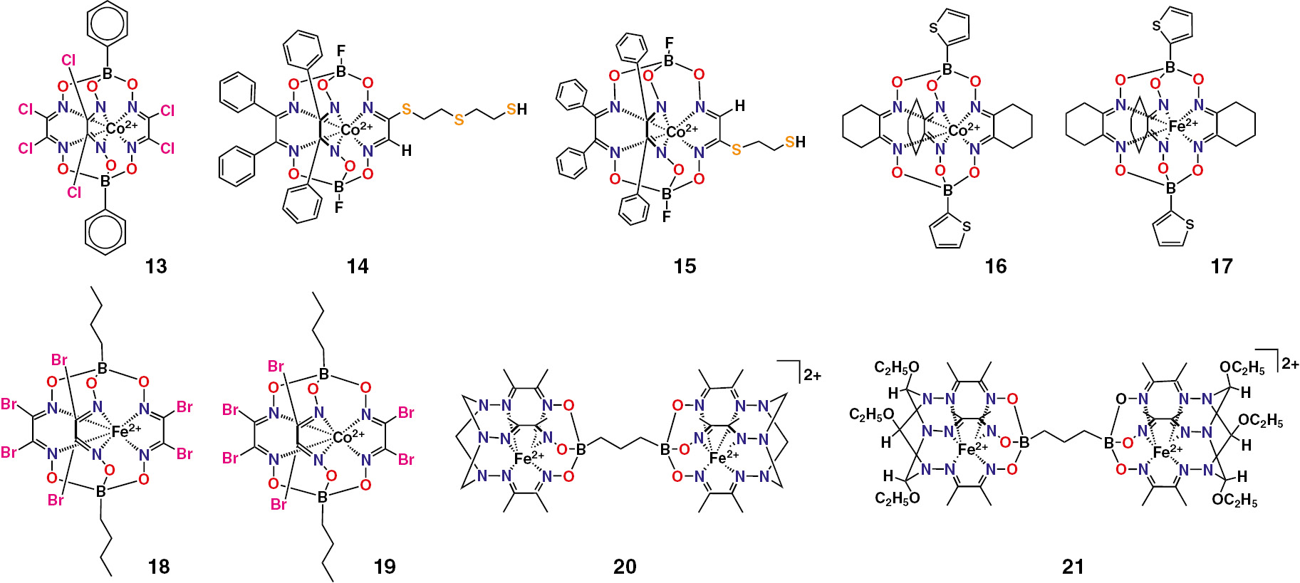 Fig. 5:
Chemical drawings of the iron and cobalt(II) mono- and bis-clathrochelates under discussion.