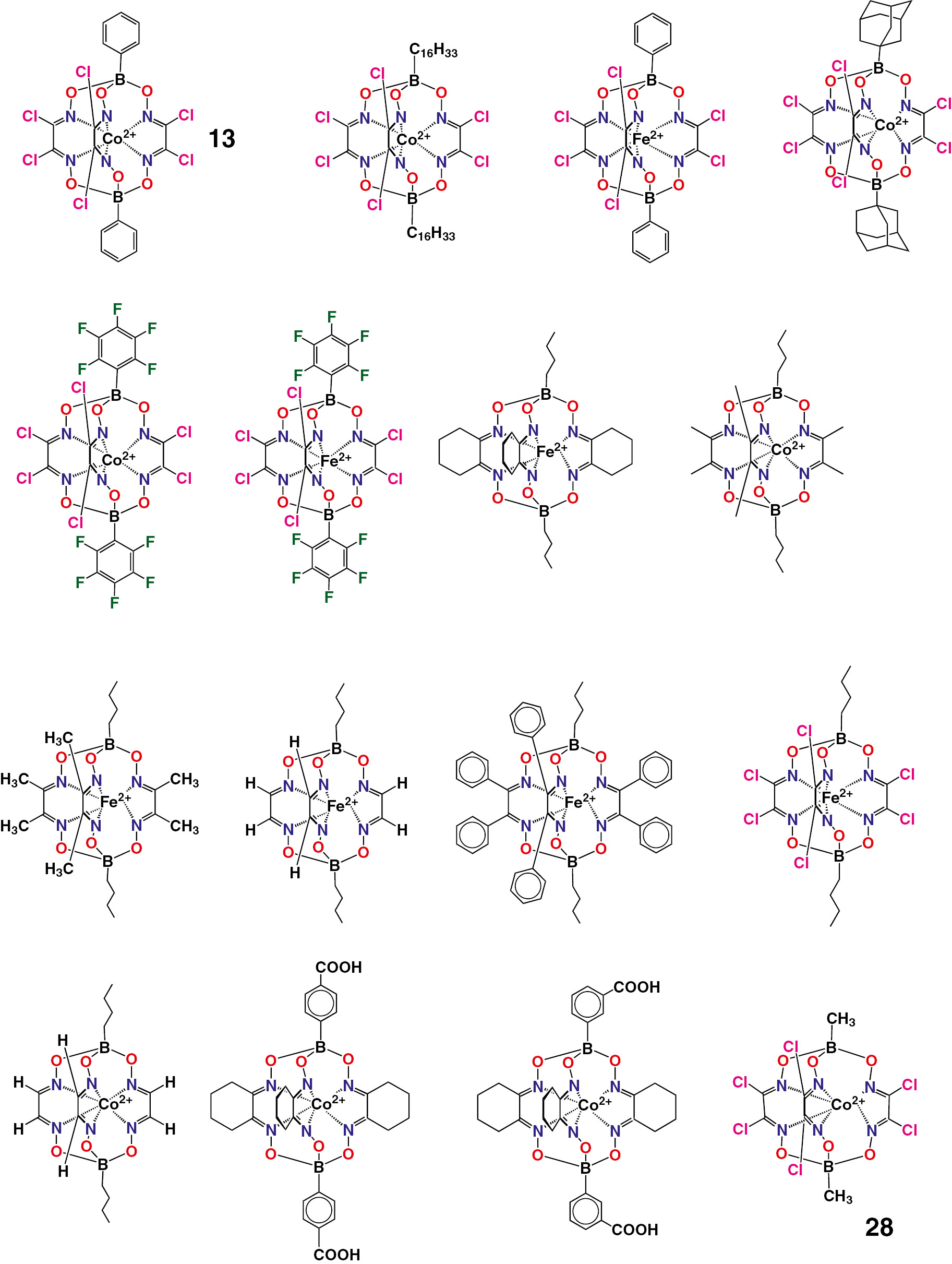Fig. 6:
Chemical drawings of the electrocatalytically active iron and cobalt(II) clathrochelates.