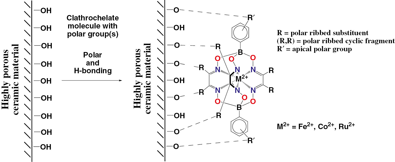 Fig. 10:
Immobilization of the metal(II) clathrochelates with terminal polar groups on a surface of ceramic materials.