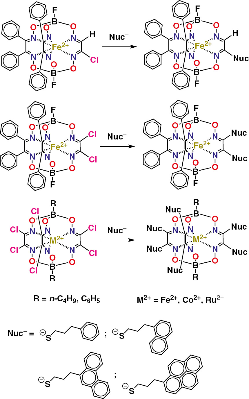 Scheme 4:
Synthesis of the (poly)aromatic-terminated metal(II) clathrochelates.