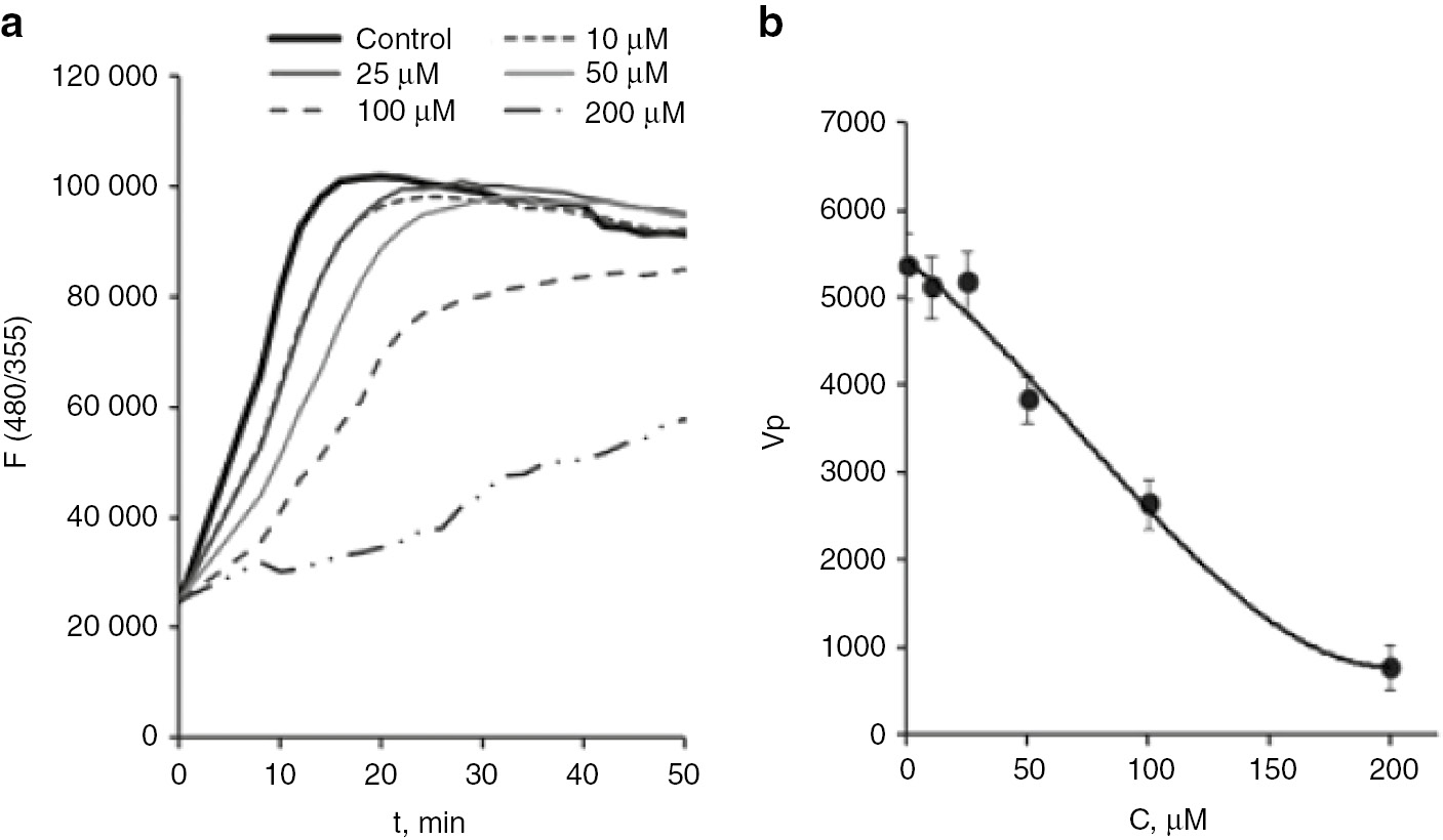 Fig. 7:
The influence of Sn-II on tubulin polymerization (a) kinetic curve of tubulin polymerization as the change in fluorescence intensity; (b) the concentration dependence of tubulin polymerization rate (Vp) in the presence of compound Sn-II.