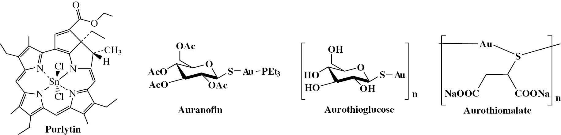 Scheme 1:
Examples of Sn(IV) and Au(I) drugs purlytin, auranofin, aurothioglucose and aurothiomalate.