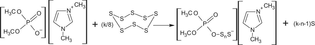 Scheme 2:
Reaction of 1,3-dimethylimidazolium dimethylphosphate with elemental sulfur.