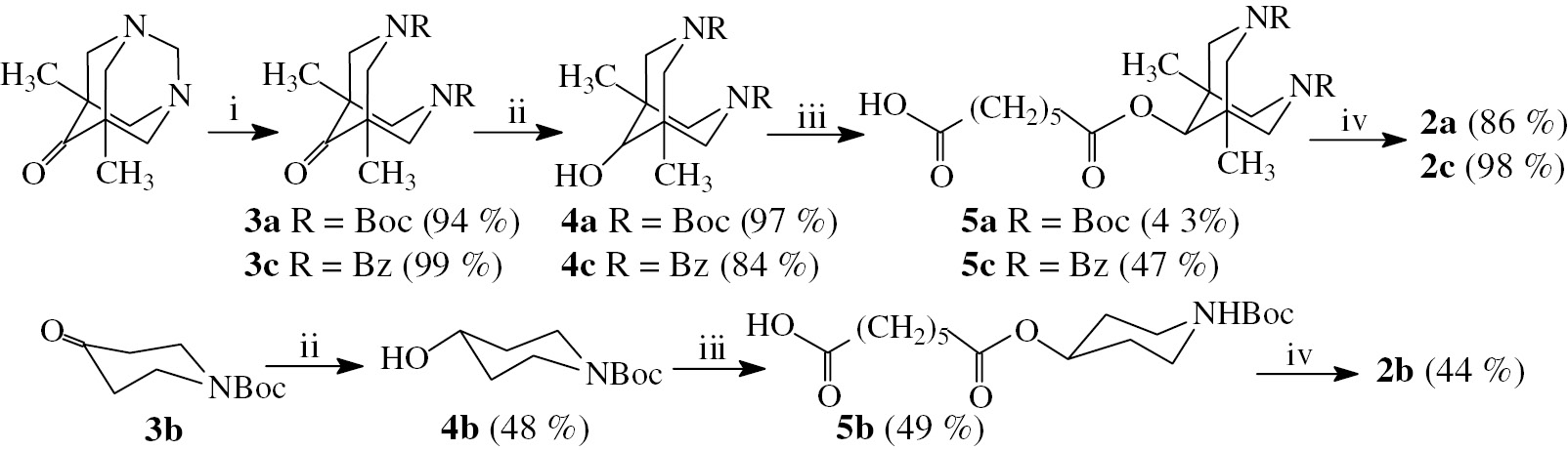 Scheme 1:
Reagents and conditions: (i) for 3a: Boc2O, HSO3NH2; for 3c: PhCOCl, NaHCO3, H2O–CHCl3; (ii) NaBH4, CH3OH, rt, 12 h; (iii) polyanhydride of pimelic acid, 4-DMAP, CH2Cl2, rt; (iv) N-deacetylcolchicine, EEDQ, CH2Cl2, rt.