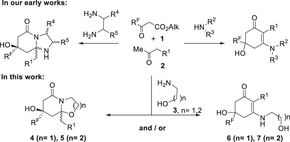 Scheme 1:
The routes of the reactions polyfluoroalkyl 3-oxo esters 1 with methyl ketones 2 and amines 3.