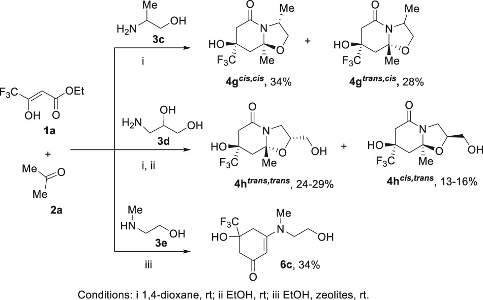 Scheme 5:
Variation of amino alcohols 3 in the reaction with ester 1a and acetone 2a.